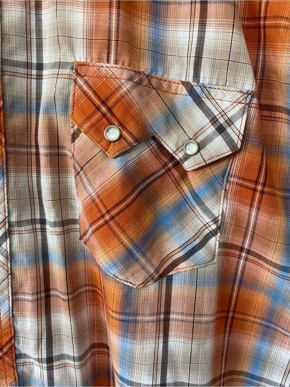 Wrangler Western Plaid Pearl Snap Short Sleeve Shirt Orange Blue Men’s 2XL - Picture 4 of 5
